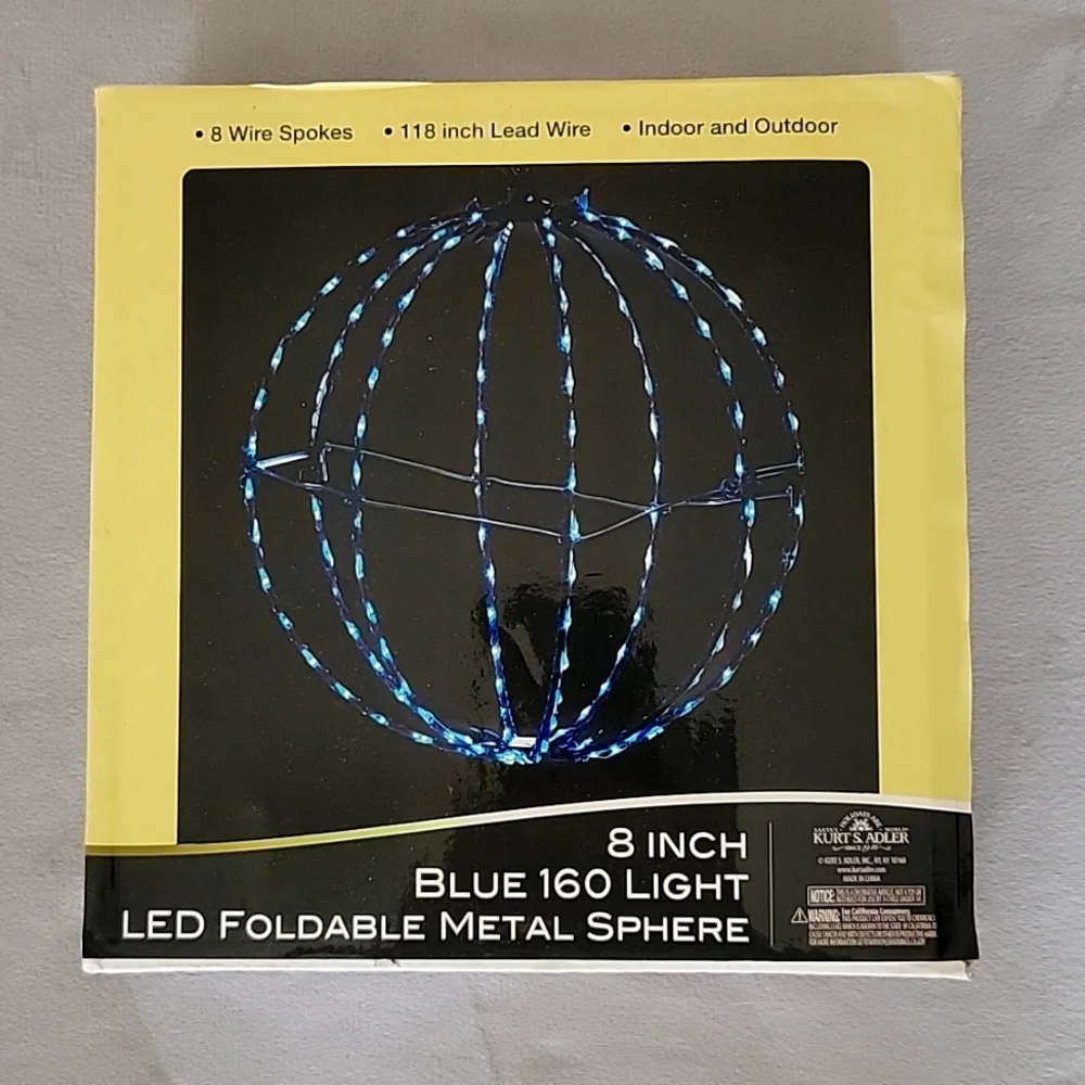 LED Foldable Metal Sphere, Blue 160 Lights, 8 Inch, Indoor and Outdoor